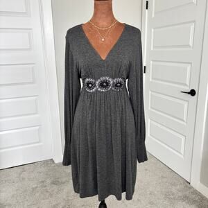 2000s Vintage ICE Gray V Neck Rhinestone Beaded Tie Back Dress Small (4/6)
